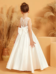 Robe de Fille Élégante à A-ligne en Satin avec Nœud