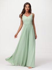 Robe Longue Jupe en Mousseline avec Corsage en Dentelle Sauge Poudrée