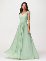 Robe Longue Jupe en Mousseline avec Corsage en Dentelle Sauge Poudrée