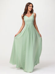 Robe Longue Jupe en Mousseline avec Corsage en Dentelle Sauge Poudrée