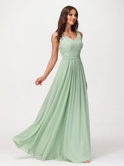 Robe Longue Jupe en Mousseline avec Corsage en Dentelle Sauge Poudrée