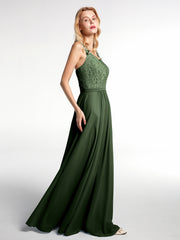 Robe Longue Jupe en Mousseline avec Corsage en Dentelle Olive Verte Grande Taille