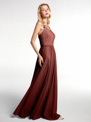 Robe Longue Jupe en Mousseline avec Corsage en Dentelle terracotta