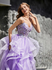 Robe de Soirée Princesse en Tulle à Bretelles Spaghetti Longueur au Sol Lilas Grande Taille