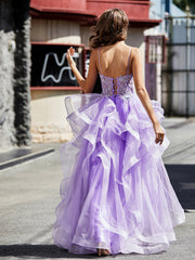 Robe de Soirée Princesse en Tulle à Bretelles Spaghetti Longueur au Sol Lilas Grande Taille