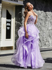 Robe de Soirée Princesse en Tulle à Bretelles Spaghetti Longueur au Sol Lilas