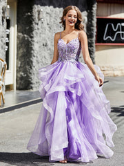 Robe de Soirée Princesse en Tulle à Bretelles Spaghetti Longueur au Sol Lilas Grande Taille