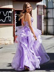 Robe de Soirée Princesse en Tulle à Bretelles Spaghetti Longueur au Sol Lilas Grande Taille