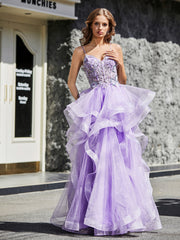 Robe de Soirée Princesse en Tulle à Bretelles Spaghetti Longueur au Sol Lilas Grande Taille