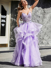 Robe de Soirée Princesse en Tulle à Bretelles Spaghetti Longueur au Sol Lilas Grande Taille