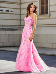 Robe de Soirée Sirène/Trompette avec Traîne Balayage en Dentelle Tulle Rose Grande Taille