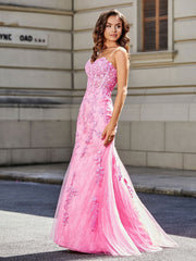 Robe de Soirée Sirène/Trompette avec Traîne Balayage en Dentelle Tulle Lilas