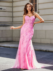 Robe de Soirée Sirène/Trompette avec Traîne Balayage en Dentelle Tulle Rose Grande Taille