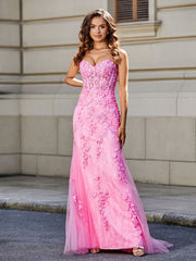 Robe de Soirée Sirène/Trompette avec Traîne Balayage en Dentelle Tulle Rose Grande Taille