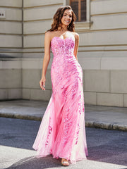 Robe de Soirée Sirène/Trompette avec Traîne Balayage en Dentelle Tulle Rose Grande Taille