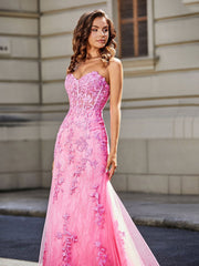 Robe de Soirée Sirène/Trompette avec Traîne Balayage en Dentelle Tulle Lilas Grande Taille