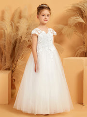 Robe de Fille Ball Gown en Tulle à Appliquées Florales et Col en V