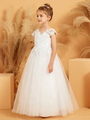 Robe de Fille Ball Gown en Tulle à Appliquées Florales et Col en V