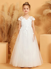 Robe de Fille Ball Gown en Tulle à Appliquées Florales et Col en V