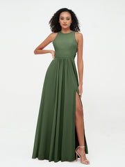 Robes Longues Princesse en Mousseline avec Fente Olive Verte Grande Taille
