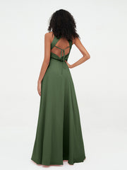 Robes Longues Princesse en Mousseline avec Fente Olive Verte Grande Taille