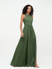 Robes Longues Princesse en Mousseline avec Fente Olive Verte Grande Taille