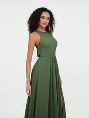 Robes Longues Princesse en Mousseline avec Fente Olive Verte Grande Taille
