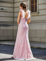 Robe de Soirée Sirène/Trompette avec Traîne Balayage en Paillettes Rose Pâle Grande Taille