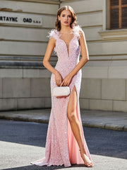 Robe de Soirée Sirène/Trompette avec Traîne Balayage en Paillettes Rose Pâle