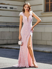 Robe de Soirée Sirène/Trompette avec Traîne Balayage en Paillettes Rose Pâle