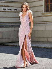 Robe de Soirée Sirène/Trompette avec Traîne Balayage en Paillettes Rose Pâle