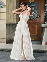 Maxi Robe à Corset Appliqué et Col Licou avec Fente Haute Ivoire