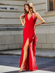 Robe de Soirée Sirène/Trompette avec Traîne Balayage en Jersey Rouge