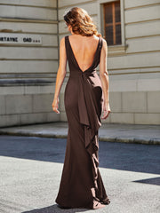 Robe de Soirée Sirène/Trompette avec Traîne Balayage en Jersey Chocolat Grande Taille