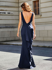 Robe de Soirée Sirène/Trompette avec Traîne Balayage en Jersey Bleu Marine Grande Taille
