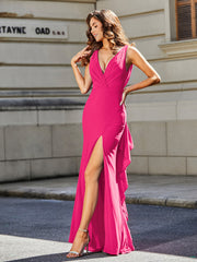Robe de Soirée Sirène/Trompette avec Traîne Balayage en Jersey Fuchsia Grande Taille