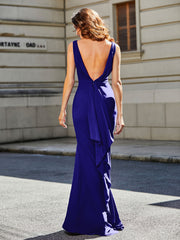 Robe de Soirée Sirène/Trompette avec Traîne Balayage en Jersey Bleu Royale Grande Taille