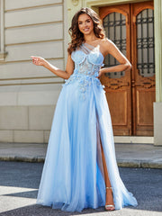 Robe de Soirée de A-ligne en Tulle à Une Épaule Longueur au Sol Bleu Ciel Grande Taille