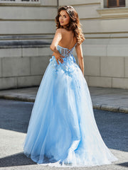 Robe de Soirée de A-ligne en Tulle à Une Épaule Longueur au Sol Bleu Ciel Grande Taille