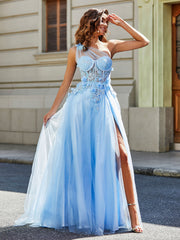 Robe de Soirée de A-ligne en Tulle à Une Épaule Longueur au Sol Bleu Ciel Grande Taille