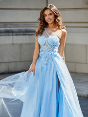 Robe de Soirée de A-ligne en Tulle à Une Épaule Longueur au Sol Bleu Ciel Grande Taille