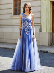 Robe de Soirée de A-ligne en Tulle à Une Épaule Longueur au Sol Orageux Grande Taille