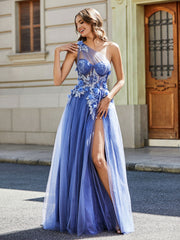 Robe de Soirée de A-ligne en Tulle à Une Épaule Longueur au Sol Orageux Grande Taille
