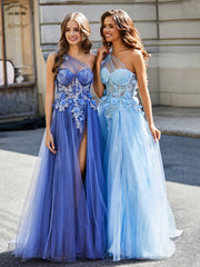 Robe de Soirée de A-ligne en Tulle à Une Épaule Longueur au Sol Orageux Grande Taille