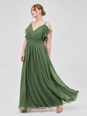 Spaghetti Bretelle Plis Col En V Mousseline Robes Olive Verte Grande Taille