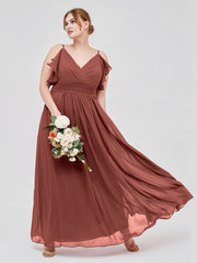 Spaghetti Bretelle Plis Col En V Mousseline Robes terracotta Grande Taille