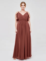 Spaghetti Bretelle Plis Col En V Mousseline Robes terracotta Grande Taille