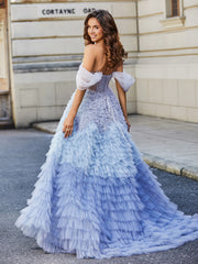 Robe de Soirée Princesse de A-ligne en Tulle avec Traîne Balayage Bleu Poudré