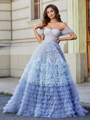 Robe de Soirée Princesse de A-ligne en Tulle avec Traîne Balayage Bleu Poudré