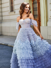 Robe de Soirée Princesse de A-ligne en Tulle avec Traîne Balayage Bleu Poudré